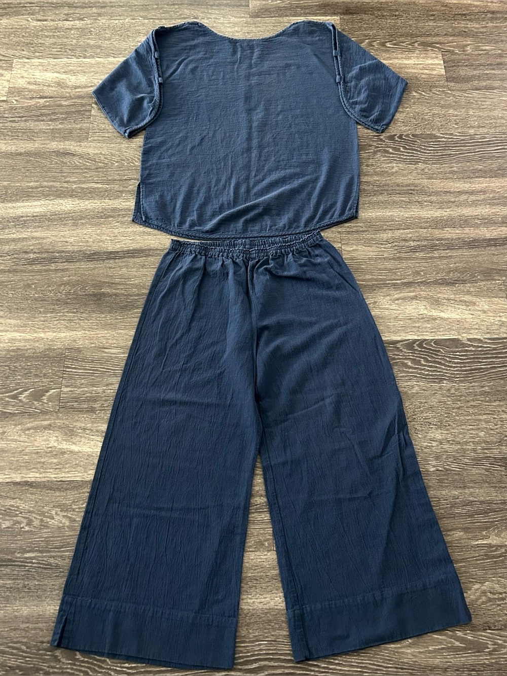 Soft Surroundings Navy Blue Cotton Wide Leg Pant Set Sz L Lagenlook Beach Comfy